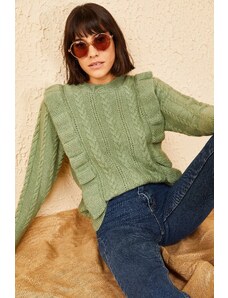 Bianco Lucci Women's Mint Green With Openwork Ruffles, Soft Sweater