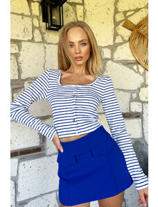 Trend Alaçatı Stili Women's Saxe Blue Square Collar Stone Buttoned Striped Blouse