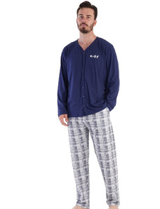 Naspani Tmavě modré i šedě kárované celopropínací na knoflíky pyžamo pro muže epyc 1P1570