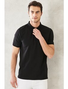 ALTINYILDIZ CLASSICS Pánské černé tričko s rolovacím límcem ze 100% bavlny slim fit slim fit polo neck s krátkým rukávem.