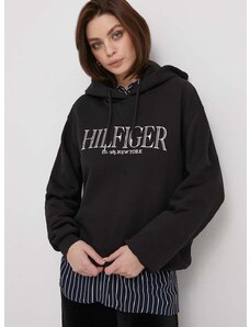 Bavlněná mikina Tommy Hilfiger dámská, černá barva, s kapucí, s aplikací