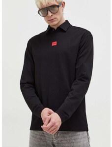 Bavlněné tričko s dlouhým rukávem HUGO černá barva, s aplikací, 50511038