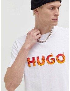 Bavlněné tričko HUGO béžová barva, s potiskem, 50504542
