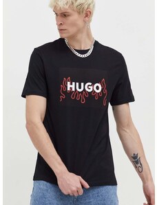 Bavlněné tričko HUGO černá barva, s potiskem, 50506989