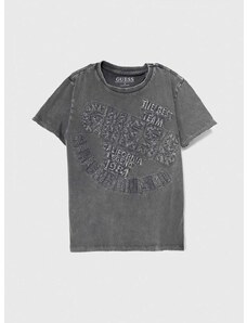 Dětské bavlněné tričko Guess šedá barva, s aplikací