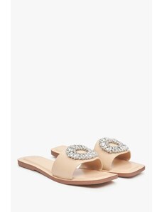 Women's Sand Beige Flat Slide Sandals with Round Embellishment Estro ER00113560