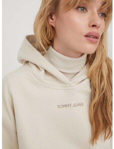 Bavlněná mikina Tommy Jeans dámská, béžová barva, s kapucí, s aplikací