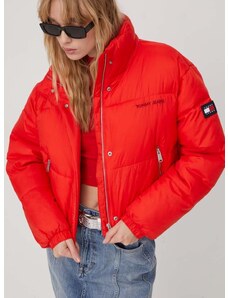 Bunda Tommy Jeans dámská, červená barva, zimní, oversize, DW0DW17503