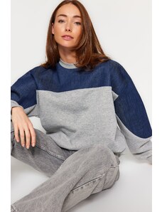 Trendyol Gray Thick Fleece Inside Denim Detailed Balloon Sleeves Oversize/Collar Knitted Sweatshirt