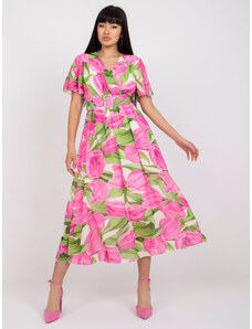 Fashionhunters Růžové a zelené květované šaty s psaníčkovým výstřihem