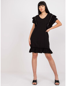 Fashionhunters Černé bavlněné ležérní šaty s volánkem