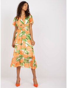 Fashionhunters Oranžové a zelené midi šaty s potiskem