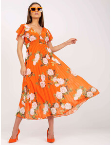 Fashionhunters Oranžové květované řasené šaty v midi délce