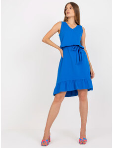 Fashionhunters Tmavě modré basic šaty s volánem RUE PARIS