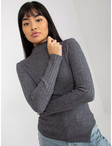 Fashionhunters Tmavě šedý žebrovaný asymetrický svetr se stojáčkem