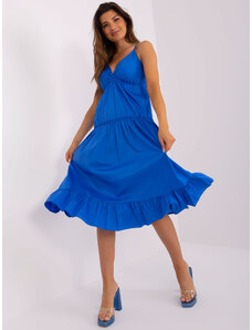 Fashionhunters Tmavě modré midi šaty s volánem od OCH BELLA