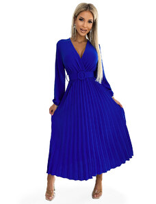 Plisované midi šaty s výstřihem, dlouhými rukávy a širokým páskem Numoco VIVIANA - chrpově modré