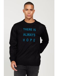 ALTINYILDIZ CLASSICS Men's Black Anti-Pilling Fabric Standard Fit Crew Neck Printed Knitwear Sweater.