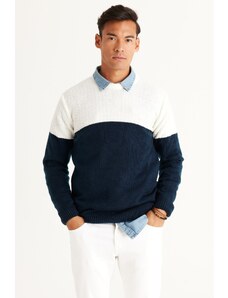 AC&Co / Altınyıldız Classics Men's Ecru-navy blue Standard Fit Normal Cut Crew Neck Colorblok Patterned Knitwear Sweater.