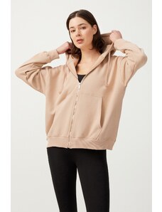 LOS OJOS Women's Beige Hooded Oversize Raised Zipper Knitted Sweatshirt