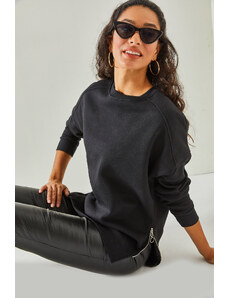 Olalook Women's Black Zipper Detail Inside Fleece Thick Sweatshirt