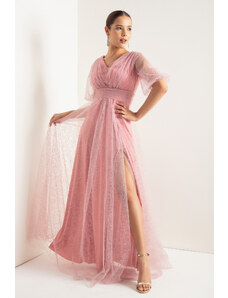 Lafaba Women's Pink Balloon Sleeve Silvery Long Evening Dress