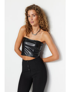 Trendyol Black Faux Leather Strapless Back Zippered Crop Bustier