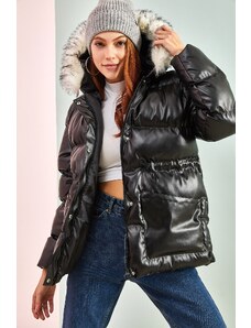 Bianco Lucci Women's Puffy Leather Coat with Shearling Hood.