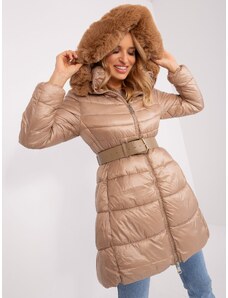 Fashionhunters Tmavě béžová dámská zimní bunda s kapucí
