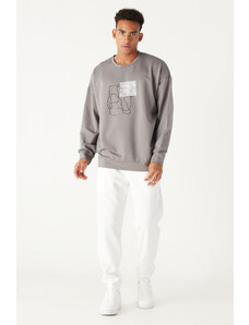 AC&Co / Altınyıldız Classics Men's Gray Oversized Loose Fit Crew Neck Printed on the Front Cotton Sweatshirt.