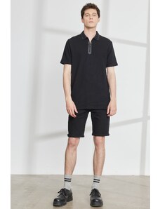 ALTINYILDIZ CLASSICS Pánské černé slim fit slim fit roláky na zip 100% bavlna se vzorovanou texturou tričko.