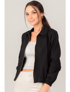 armonika Women's Black Front Zippered Gabardine Coat