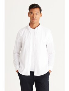 AC&Co / Altınyıldız Classics Men's White Tailored Slim Fit Slim Fit Buttoned Collar Linen Look 100% Cotton Flamed Shirt