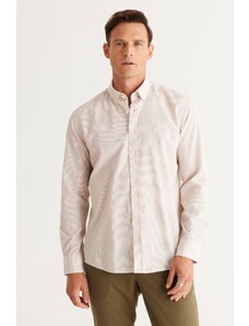 AC&Co / Altınyıldız Classics Men's Beige-White Slim Fit Slim Fit Button-down Collar Cotton Striped Shirt