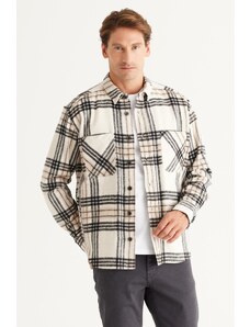 AC&Co / Altınyıldız Classics Men's Beige Black Oversize Wide Cut Buttoned Collar Pocket Checkered Lumberjack Winter Shirt Jacket