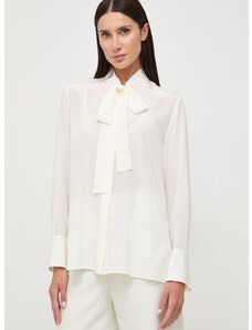 Hedvábná košile BOSS bílá barva, regular, s vázaným výstřihem