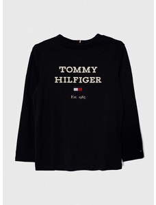 Dětská bavlněná košile s dlouhým rukávem Tommy Hilfiger tmavomodrá barva, s potiskem