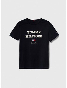 Dětské bavlněné tričko Tommy Hilfiger tmavomodrá barva, s potiskem