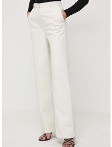Kožené kalhoty BOSS dámské, béžová barva, jednoduché, high waist