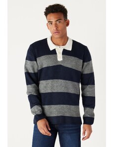 AC&Co / Altınyıldız Classics Men's Navy Blue-gray Standard Fit Regular Fit Polo Neck Striped Soft Textured Knitwear Sweater