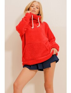 Trend Alaçatı Stili Women's Red Stand Collar Kangaroo Pocket Plush Sweatshirt