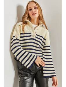 Bianco Lucci Dámský knoflíkový límec pruhovaný pletený svetr