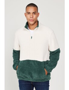 AC&Co / Altınyıldız Classics Men's Tas-dark Green Standard Fit High Bato Collar Kangaroo Pocket Double Color Sherpa Fleece Sweatshirt