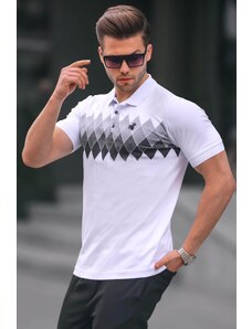Madmext White Patterned Polo Neck Men's T-Shirt 6106