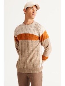 AC&Co / Altınyıldız Classics Men's Beige-mink Standard Fit Normal Cut Crew Neck Colorblok Patterned Knitwear Sweater.