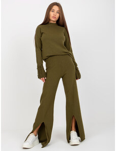 Fashionhunters Khaki úpletové kalhoty s rozparkem a elastickým pasem