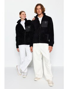 Trendyol Black Unisex Regular/Normal Cut Stand Collar Zipper Pocket Detailed Plush Cardigan-Sweatshirt