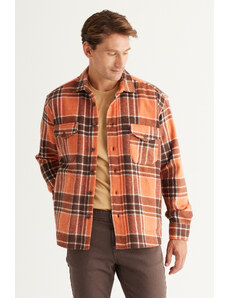 AC&Co / Altınyıldız Classics Men's Brown-Orange Oversize Wide Cut Buttoned Collar Plaid Winter Shirt Jacket