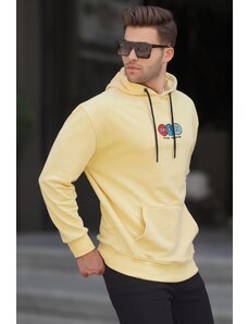 Madmext Men's Yellow Hooded Embroidery Sweatshirt 6145