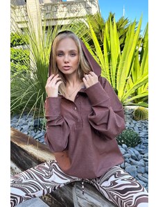 Trend Alaçatı Stili Women's Brown Hooded Snap Closure 3 Thread Inner Raising Oversize Sweatshirt